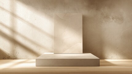 Fototapeta premium A simple and elegant display stand is highlighted by soft natural light in a warm-toned room. The textured wall and wooden surface create an inviting atmosphere.