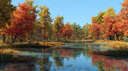Obraz premium Vibrant trees in shades of red and orange surround a serene waterway showcasing the beauty of autumn. The scene reflects sunlight under a clear blue sky creating a peaceful atmosphere.