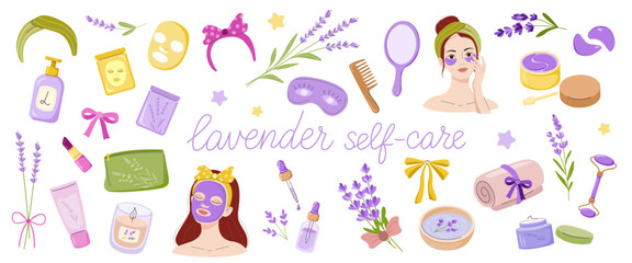 Vector set of personal care products with lavender: cosmetics, face mask, eye patches, cream, oil, collagen, retinol, massage roller, comb, candles, flowers. Illustration of beauty procedure.