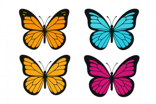 Colorful butterflies set vector drawing with orange, blue, and pink flying insects transparent background - Powered by Adobe
