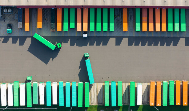Aerial view of containers and trucks at depot