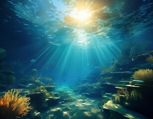 Fototapeta premium deep underwater scene with sun rays shining through the water surface