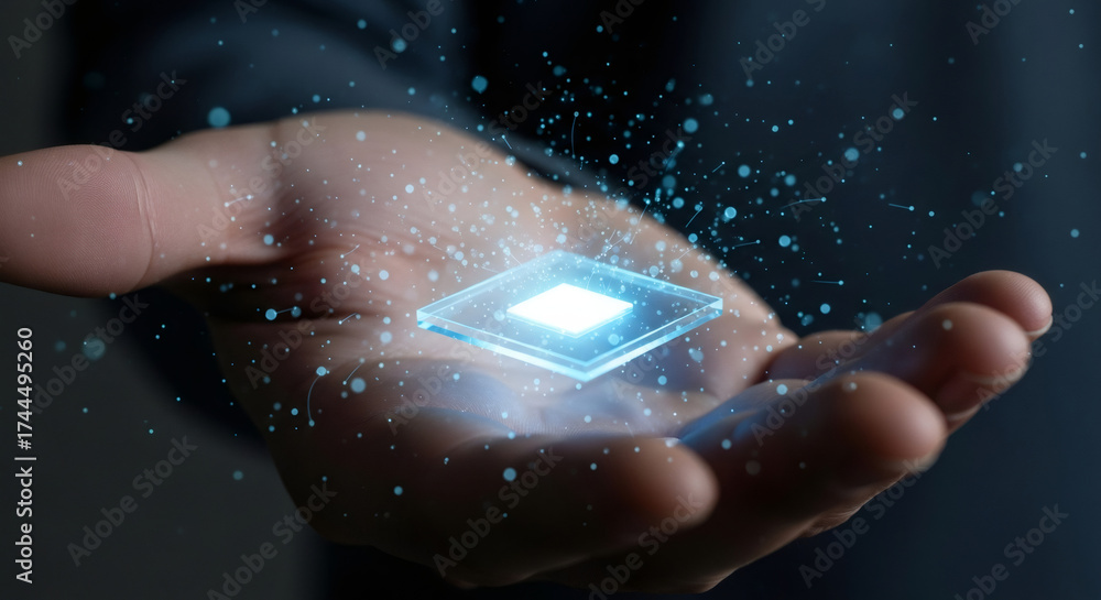 Wall mural man hand holding futuristic microchip with glowing light and particles. concept of new technology an