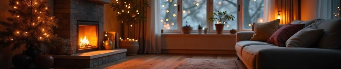 Cozy Autumn Living Room with Space Heater Warmth and Comfort on a Chilly Day