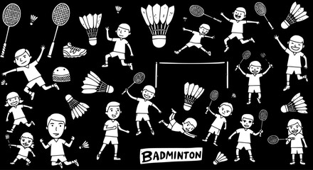 Playful Badminton Doodle: Sporty Icons  Active Kids in Black  White