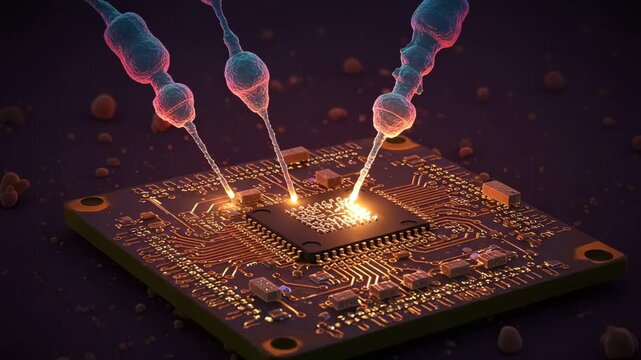 Biomorphic Probes Activating Microchip Surface in Futuristic Macro Blue Glow