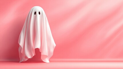 Girl in ghost costume against pastel pink background. Halloween party minimal concept.
