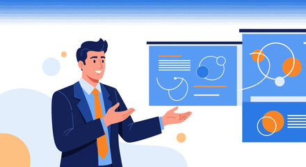 Business Professional Presenting Infographics And Data Analysis On A Modern Display