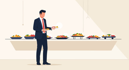 Fototapeta premium Business Professional Selecting Food At A Buffet Table During An Event Or Meeting