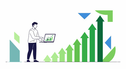 Businessman Analyzing Financial Growth Illustrated with Charts and Arrows Trending Upwards