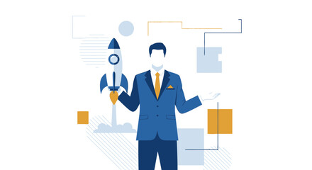 Obraz premium Businessman and Rocket Launch Concept Illustrating Startup and Business Innovation