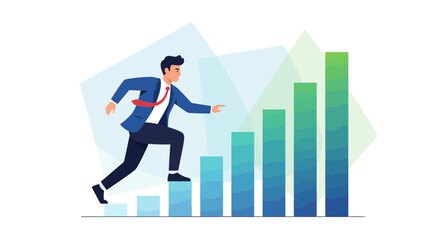 Obraz premium Businessman Ascending Financial Charts Symbolizing Growth, Success, And Business Progress