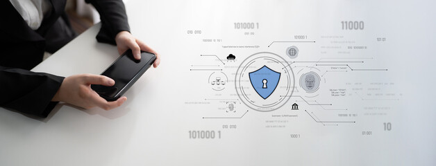 Cyber security interface with biometric and AI-powered protection system. Cyber security secures...