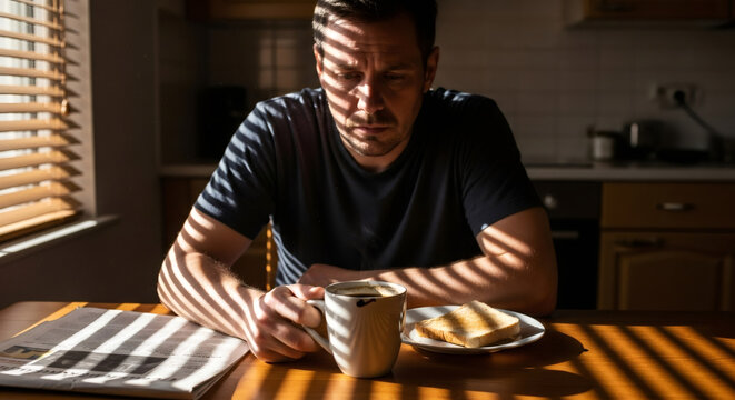 Sad man sitting at kitchen table with coffee, toast, and newspaper, feeling depressed or having morning fatigue. Melancholy male in home interior.