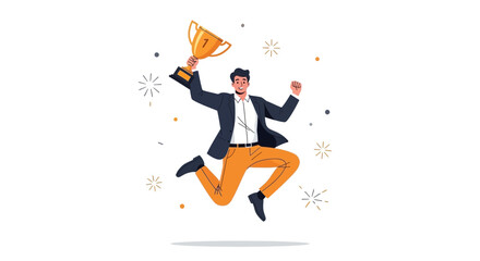 Businessman Celebrating Success, Holding Trophy, Joyfully Leaping Amidst Confetti Sprinkles