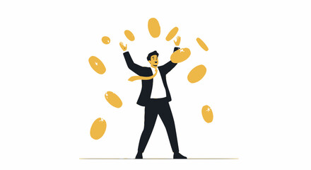 Businessman Celebrating Triumph As Coins Cascade, Signifying Financial Success and Prosperity