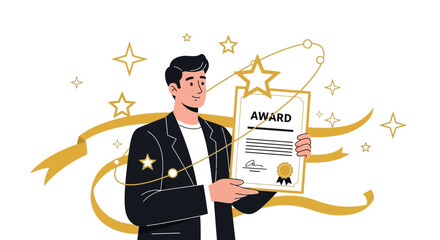 Businessman Celebrating With Award And Golden Ribbon, Success Celebration, Achievement.