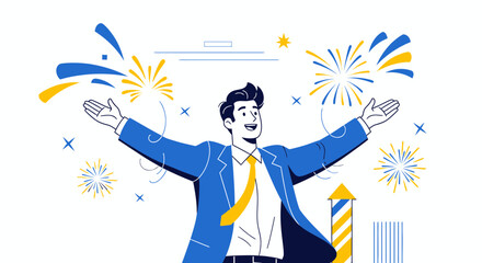 Businessman Celebrating with Fireworks and Happiness Displaying Success and Achievement