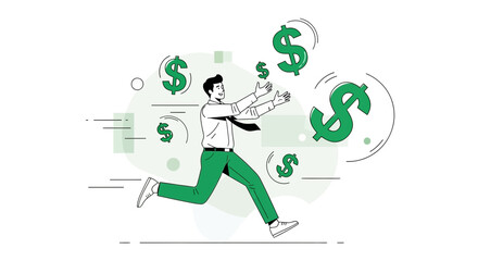 Businessman chasing money, running after dollar signs, success vector illustration