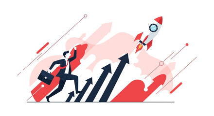 Businessman Chasing Rocket, Showing Business Success, Growth And Development With A Plan