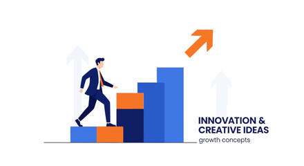 Businessman Climbing a Bar Graph Achieving Financial Goals and Growth