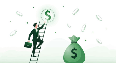 Businessman climbing a ladder aiming at the dollar symbol and a bag of money