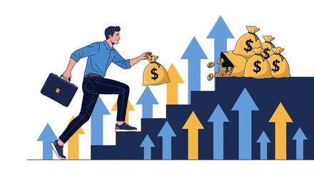 Businessman Climbing Investment Ladder To Wealth, Financial Growth, And Business Success