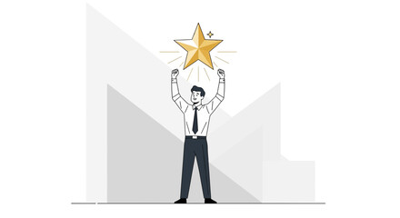 Obraz premium Businessman Achieves Goal and Claims Victory by Grasping Shiny Gold Star Trophy