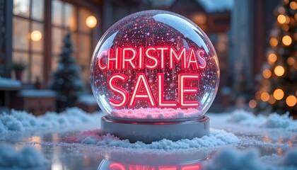Christmas sale sign in a glass snow globe on snowy surface