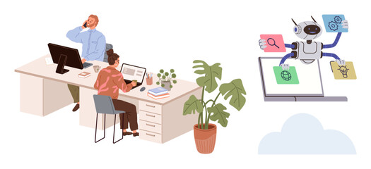 Two colleagues work in an office with charts and laptops while AI robot arms deliver task cards. Ideal for teamwork, innovation, machine learning, productivity, digital transformation, tech