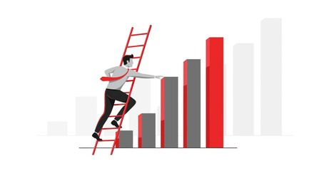 Businessman Climbing Ladder Reaching Success With Growing Chart Presentation
