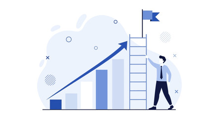 Businessman climbing ladder to achieve goals represented by a flag and a growing chart