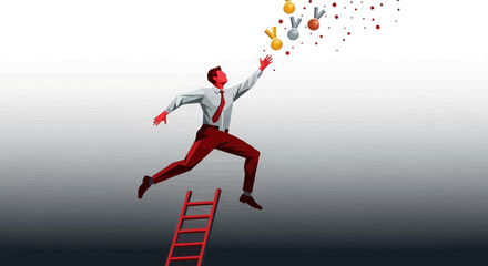 Businessman climbing ladder to get medals, representing success and reaching goals achievement