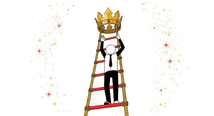 Businessman climbing ladder to reach golden crown representing success and achievement