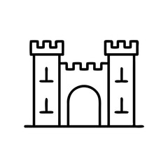 Castle gate icon in simple line design with fortress towers  