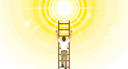 Businessman Climbing Ladder Towards Bright Light, Ambition and Success Concept Illustration