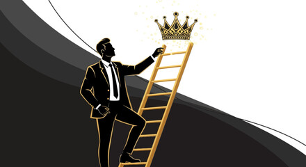 Businessman Climbing Ladder Towards Crown Illustrating Success and Reaching Ambitions