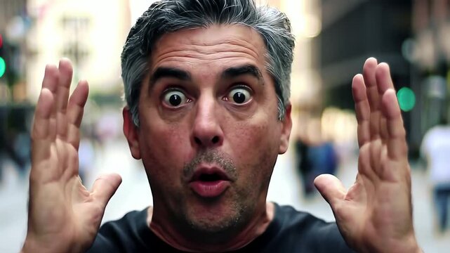 Close up of a surprised grey haired man with an astonished facial expression on a busy city street