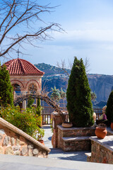 View of Meteora Monastery, Greece. Geological formations of big rocks with Monasteries  on top of them.