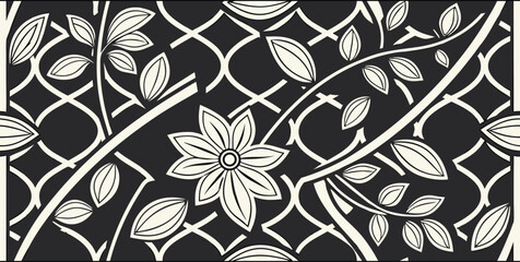 Luxury Ornamental Floral Vector Pattern | Black and White Decorative Swirl and Geometric Tile for Fashion, Fabric, Carpet, Interior and Graphic Design | Timeless Digital Art Texture