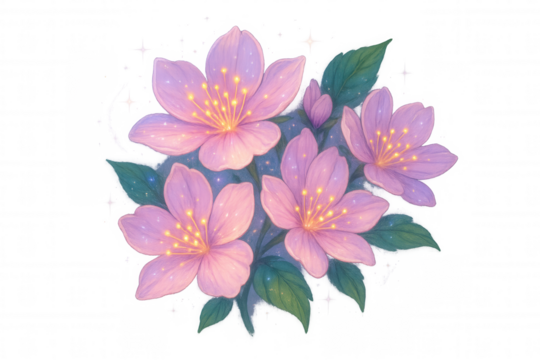 Glowing fantasy flowers creating a dreamy bouquet with pink and purple petals, sparkling light on a transparent background - Powered by Adobe