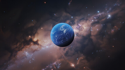 Earth and Moon in Space with Stars and Galaxy