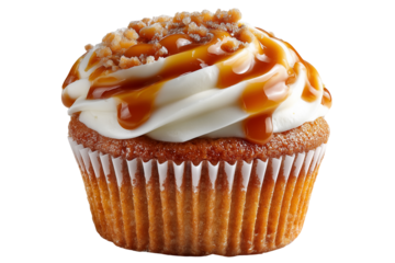 Caramel cupcake with topping isolated on a white background. Realistic and appetizing composition perfect for bakery, dessert, or food branding visuals. 3:2 aspect ratio, stylized for bright and high-