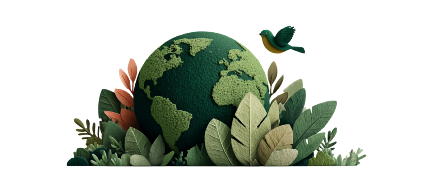Creative Earth Day concept featuring an illustrated planet Earth with greenery and plants growing on its surface. A bird flies around the globe, adding character and life. White background highlights 