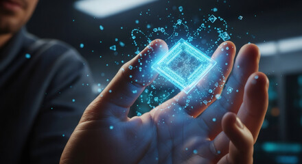 Man holding glowing virtual CPU chip. Concept of modern computer processing, artificial intelligence, and advanced digital technology.