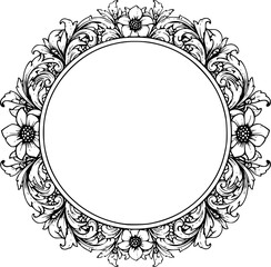 Ornamental botanical flourish in black and white vector with floral elements framing a circle
