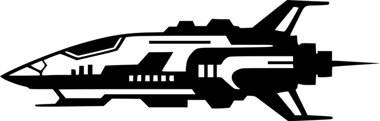 Futuristic minimalist spaceship illustration on a white background, monochrome.
