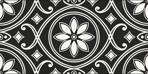 Luxury Ornamental Floral Vector Pattern | Black and White Decorative Swirl and Geometric Tile for Fashion, Fabric, Carpet, Interior and Graphic Design | Timeless Digital Art Texture