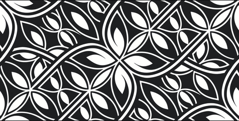 Fototapeta premium Luxury Ornamental Floral Vector Pattern | Black and White Decorative Swirl and Geometric Tile for Fashion, Fabric, Carpet, Interior and Graphic Design | Timeless Digital Art Texture