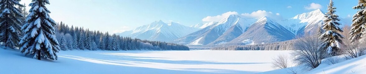 Serene Winter Wonderland Snow-Covered Forest, Frozen Lake, and Majestic Mountains under a Brilliant Blue Sky